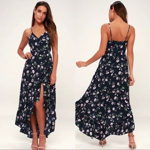 Lulu’s Navy Blue Floral Ruffled Maxi Dress